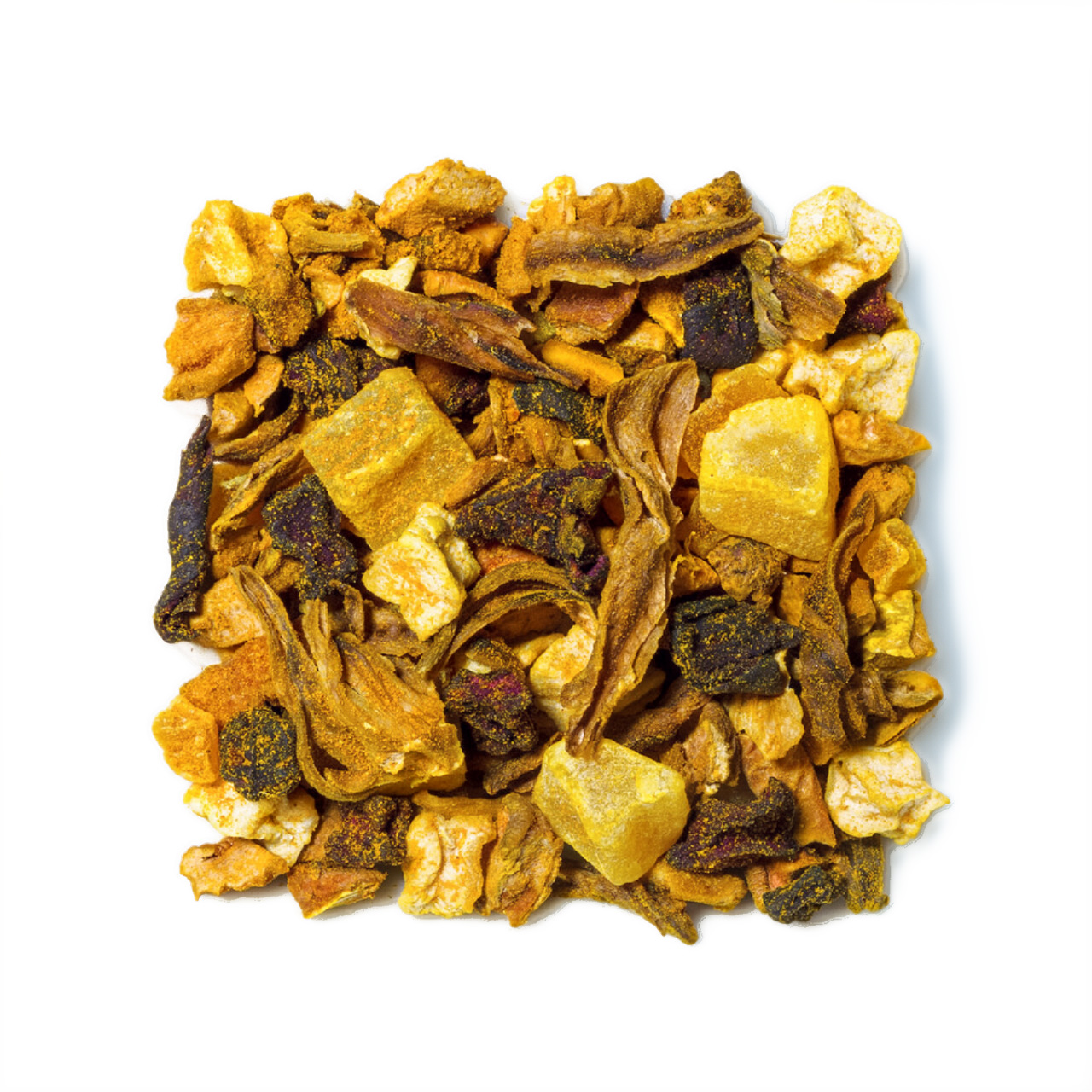 keltaisen eri sävyissä keko kuivattuja hedelmäkuutioita