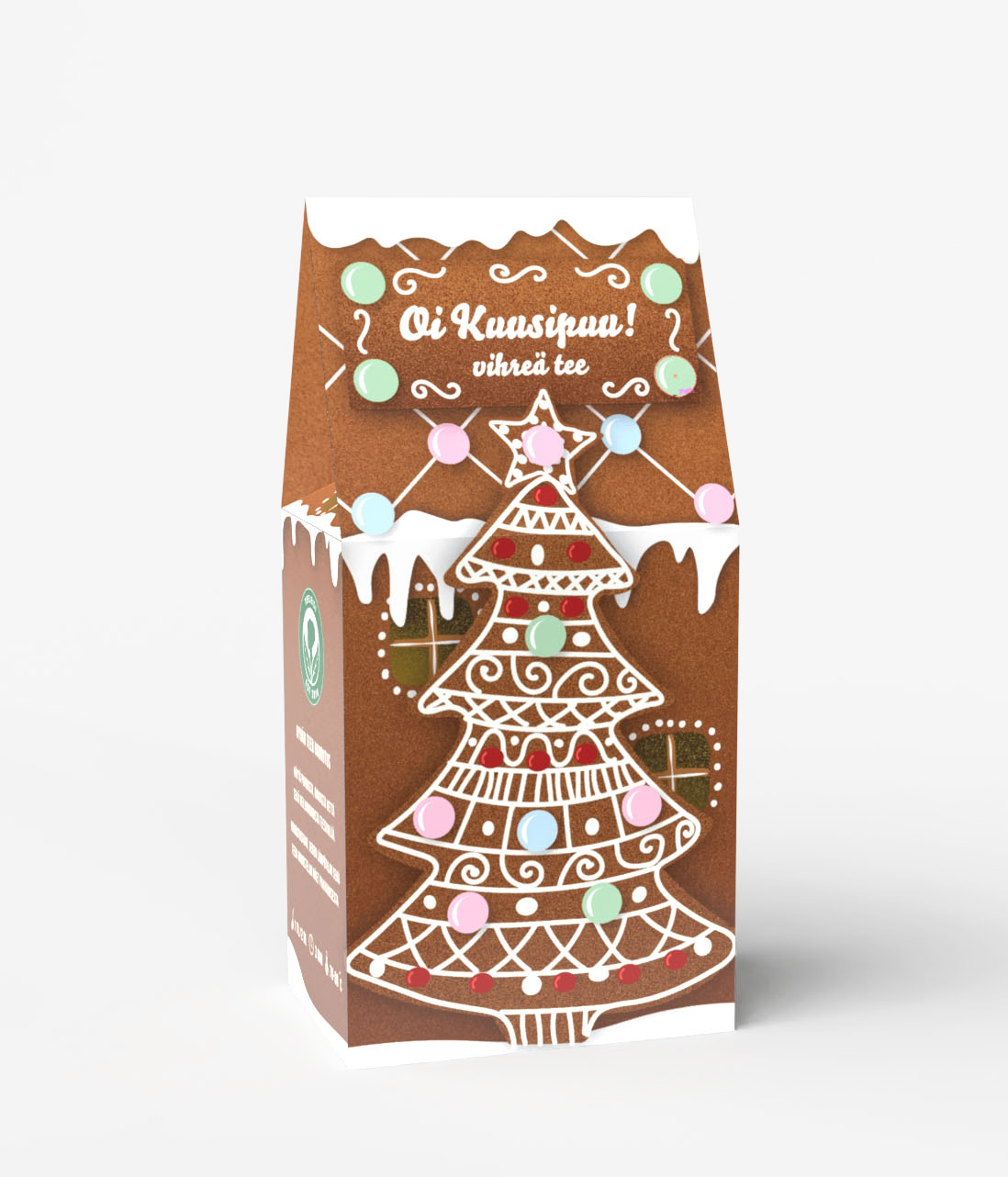 Piparkakkutalon näköinen teepakkaus