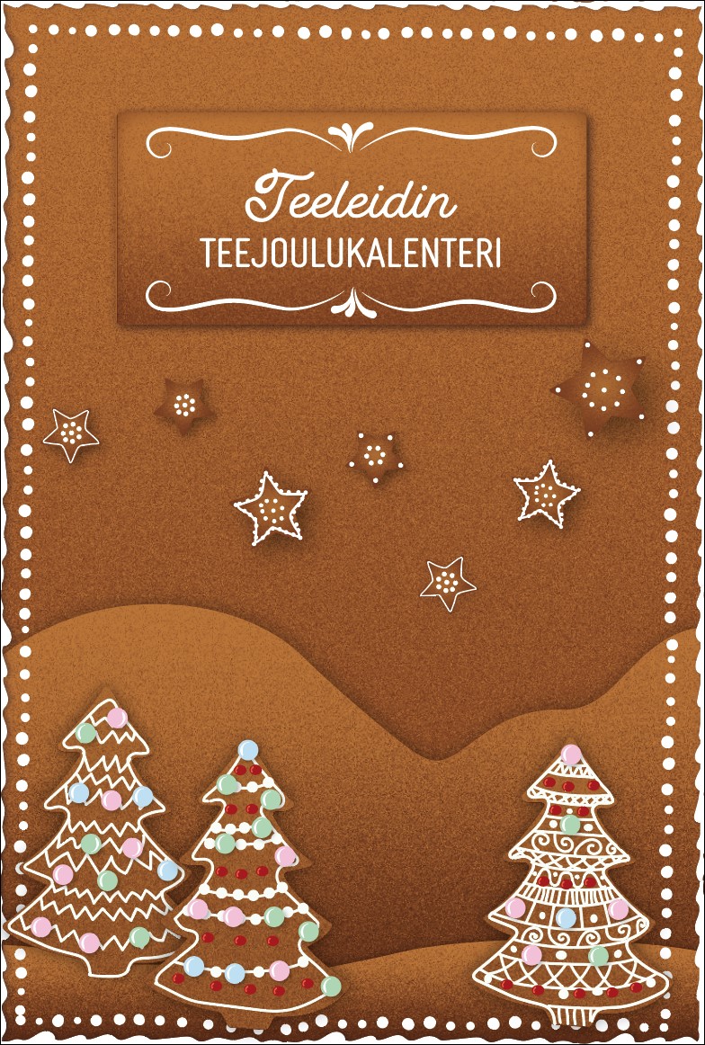 Piparkakkumaisella ruskealla pohjalla on pursotuksin ja karkein koristeltuja piparkakkukuusia, kaukaiset piparkakkuvuoret sekä tähtiä. Yläosassa piparkakkulaattaan on kirjoitettu valkoisella pursotuksella Teeleidin teejoulukalenteri.
